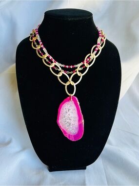 Gold Link Necklace with Hot Pink Agate Pendant - Women Jewelry